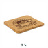 A square cork coaster in a natural brown hue featuring an embossed logo design.