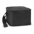 A black cooler bag with a zip closure and a handle, featuring a side pocket. It has a simple, functional design.