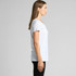 A white V-neck T-shirt for women displayed on a model from the side, featuring short sleeves and a fitted design.