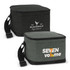 A green cooler bag with a handle, featuring a logo and zippered compartment on the front.