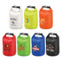 A collection of eight 5L dry bags in various colours, including white, orange, red, green, blue, and black, each with a logo.
