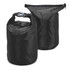 A black waterproof dry bag with a buckle closure, featuring a smooth finish and a cylindrical design.