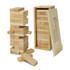 A set of wooden blocks in various shapes and sizes, packaged in a light wooden box with a lid.