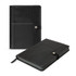 A black notebook with a textured cover, featuring pockets and a secure closure. It has a branding logo on the front.