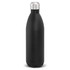 A drink bottle with a sleek black design and a silver cap, featuring a one-litre capacity.