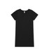 A black organic short-sleeve dress with a simple design and a tag at the neckline. It features no additional details or patterns.