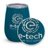 A drink bottle in a teal colour featuring a logo and a curved shape, with a lid for sealing.