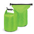 A bright green 10L dry bag with a roll-top closure and a buckle, featuring a logo on the side.