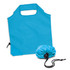 A blue reusable grocery bag with a drawstring pouch for compact storage. The bag features handle cutouts.