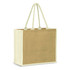 A jute tote bag in natural brown with light cream handles and sides, featuring a simple branded logo.