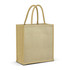 A beige jute tote bag with two sturdy handles and branding visible on one side.