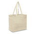 A cream cotton tote bag with two long handles, featuring a simple design and a logo on one side.