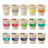 A drink bottle in various earthy tones, featuring a lid and multiple designs with logos. The cups are 350ml.