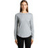 A light grey long-sleeve T-shirt with a rounded hem, modelled by a woman. Features branding.