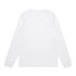 A long-sleeve tee in white with a simple, minimalist design and a small logo.