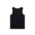 A black organic rib tank top with a simple design and no visible embellishments, featuring a logo on the back.