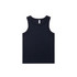 A navy organic rib tank top with a round neckline and no sleeves, featuring a logo tag.