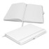 A white notebook with lined pages, featuring a ribbon marker and a cover with an embossed logo.