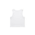 A white organic rib crop tank with a simple design and a logo on the back.