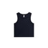 A navy ribbed crop tank top with wide armholes and a straight hem. The tank features a logo on the label.
