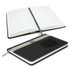 A black Prescott Notebook with a soft cover, featuring lined pages and a ribbon bookmark. It has a logo on the front.