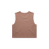 A brown crop tank top with a sleeveless design and a plain back, featuring a branding logo.