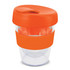 A drink bottle featuring a clear design with an orange lid and band, designed for easy use and portability.