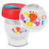 A drink bottle with a transparent body, a red lid, and a white band decorated with colourful abstract circles.