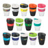A collection of double wall cups in various colours, featuring different logos and styles on each cup.
