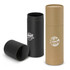 A drink bottle gift tube in black and natural kraft, featuring a logo, with an open and closed tube.