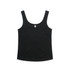 A black soft singlet with a scoop neckline. The design features a fitted style and includes a logo.