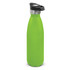A drink bottle in vibrant green with a stainless steel top and a push button lid, featuring a logo.