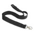 A black cotton lanyard with a metal clip at one end and an adjustable buckle. It has a simple design.