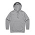 A grey hoodie with a front pocket and a drawstring hood. It features a logo on the front.