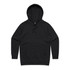 A black hoodie featuring a front pocket and a drawstring hood. It has a simple design and includes a logo.