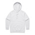 A light grey hoodie with a drawstring hood and a front pocket. It features a logo on the material.