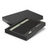 A black notebook with a matching pen, presented in a sleek black gift box. It features a simple design and stitching detail.