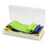 Resistance exercise bands in green, blue, and yellow, neatly stored in a transparent case.
