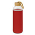 A drink bottle with a red neoprene sleeve, clear glass body, and a bamboo cap featuring a cord.
