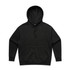 A black hoodie with a front pocket and a drawstring hood. Features a logo.