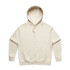 A cream-coloured hoodie featuring a front pocket and an attached hood, with a logo on the front.