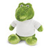 A green crocodile plush toy wearing a white shirt, featuring large eyes and a friendly expression.