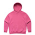 A pink hoodie with a front pocket and a hood. It features a logo on the design.