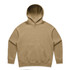 A tan hoodie with a front pocket and a large hood, featuring a logo on the chest area.
