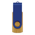 A bamboo flash drive with a blue metallic top and a circular hole for attachment.