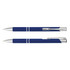 A blue metal pen with silver accents, featuring a logo and a sleek design. Two pens are displayed, one capped and one uncapped.