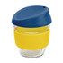 A drink bottle featuring a clear borosilicate glass body with a blue lid and a yellow silicone band.