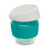 A drink bottle with a clear borosilicate glass body, teal silicone band, and a white lid. It features a branding logo.