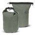 A green dry bag in two sizes, featuring a textured finish and a secure closure mechanism. It has a branding logo.