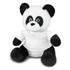 A plush panda toy with black and white fur, wearing a white shirt and featuring a logo on its chest.